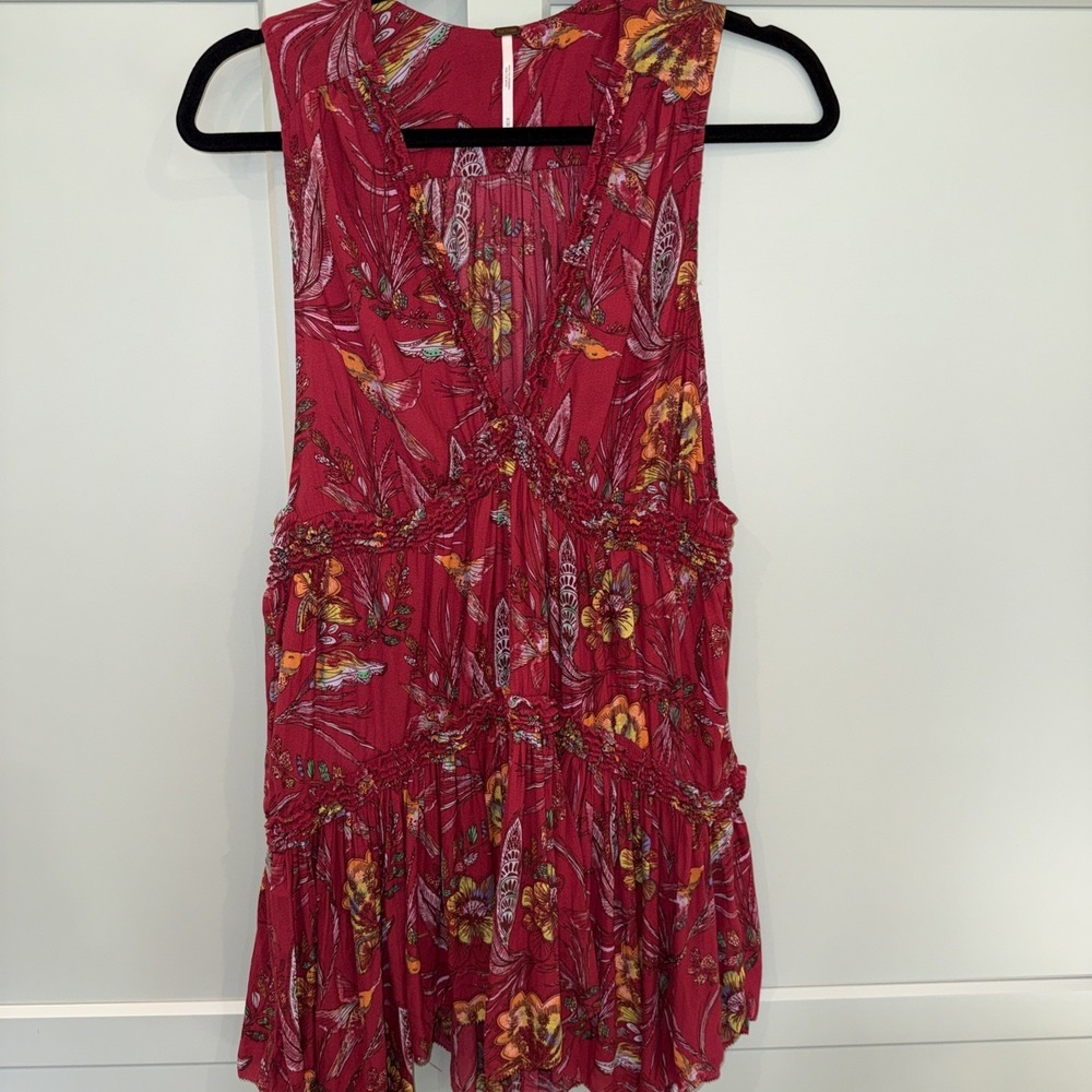 Free People Purple Haze Floral Tiered Tunic Top Dress Medium Red Birds